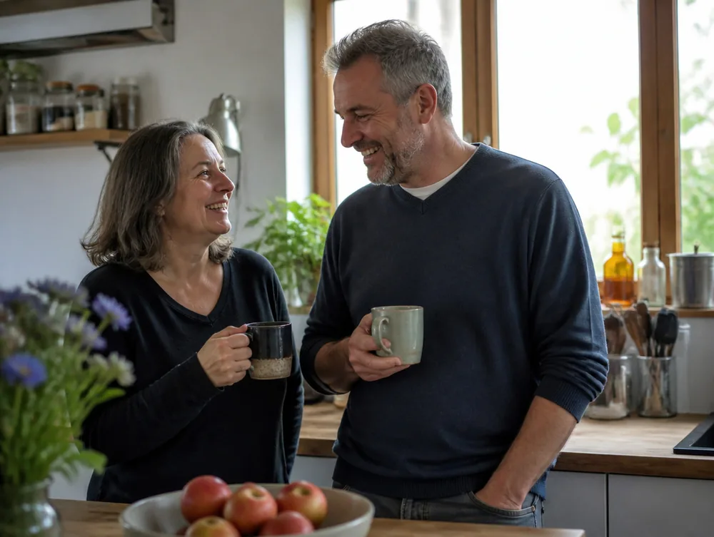Ein Paar um die fünfzig steht mit Kaffeetassen in der eigenen Küche